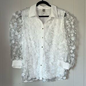 Anne Klein White Floral Applique Blouse XL